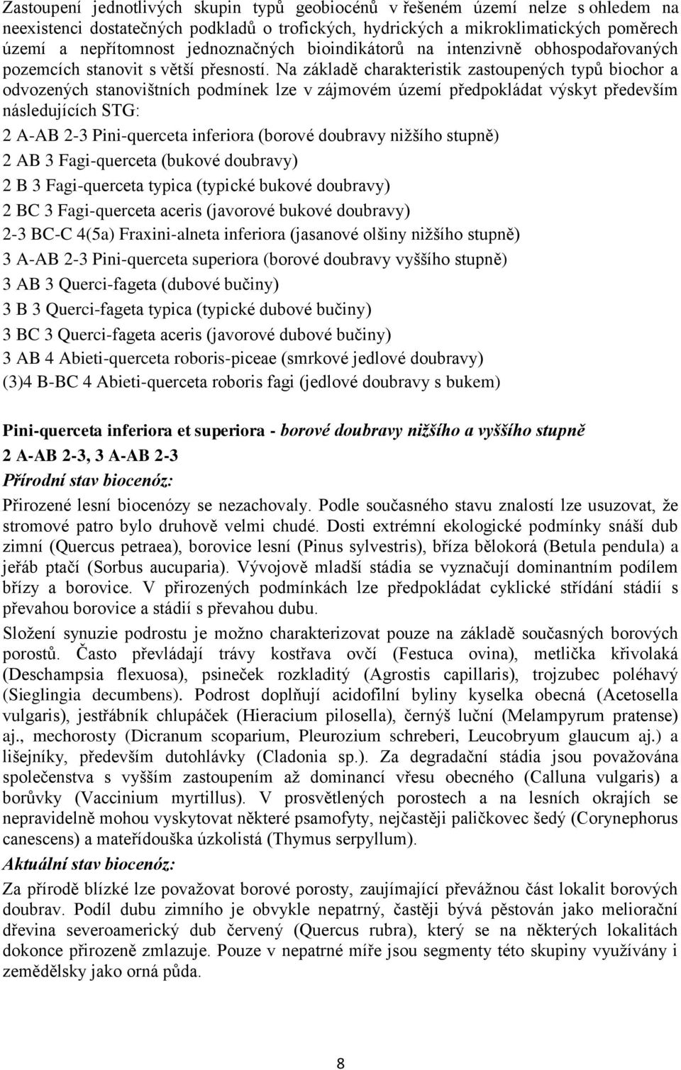 Na základě charakteristik zastoupených typů biochor a odvozených stanovištních podmínek lze v zájmovém území předpokládat výskyt především následujících STG: 2 A-AB 2-3 Pini-querceta inferiora