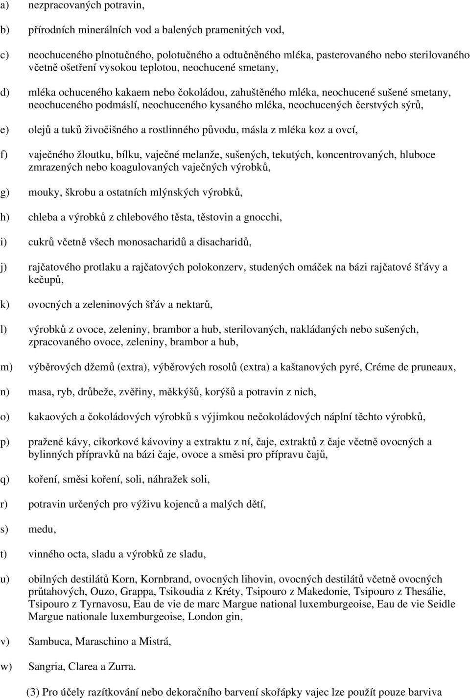 čerstvých sýrů, e) olejů a tuků živočišného a rostlinného původu, másla z mléka koz a ovcí, f) vaječného žloutku, bílku, vaječné melanže, sušených, tekutých, koncentrovaných, hluboce zmrazených nebo