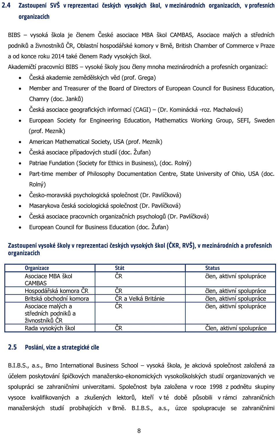Akademičtí pracovníci BIBS vysoké školy jsou členy mnoha mezinárodních a profesních organizací: Česká akademie zemědělských věd (prof.