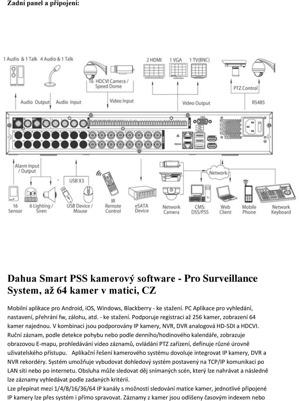 V kombinaci jsou podporovány IP kamery, NVR, DVR analogová HD-SDI a HDCVI.