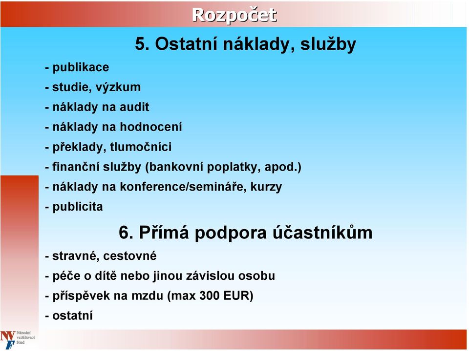 ) - náklady na konference/semináře, kurzy - publicita - stravné, cestovné 6.