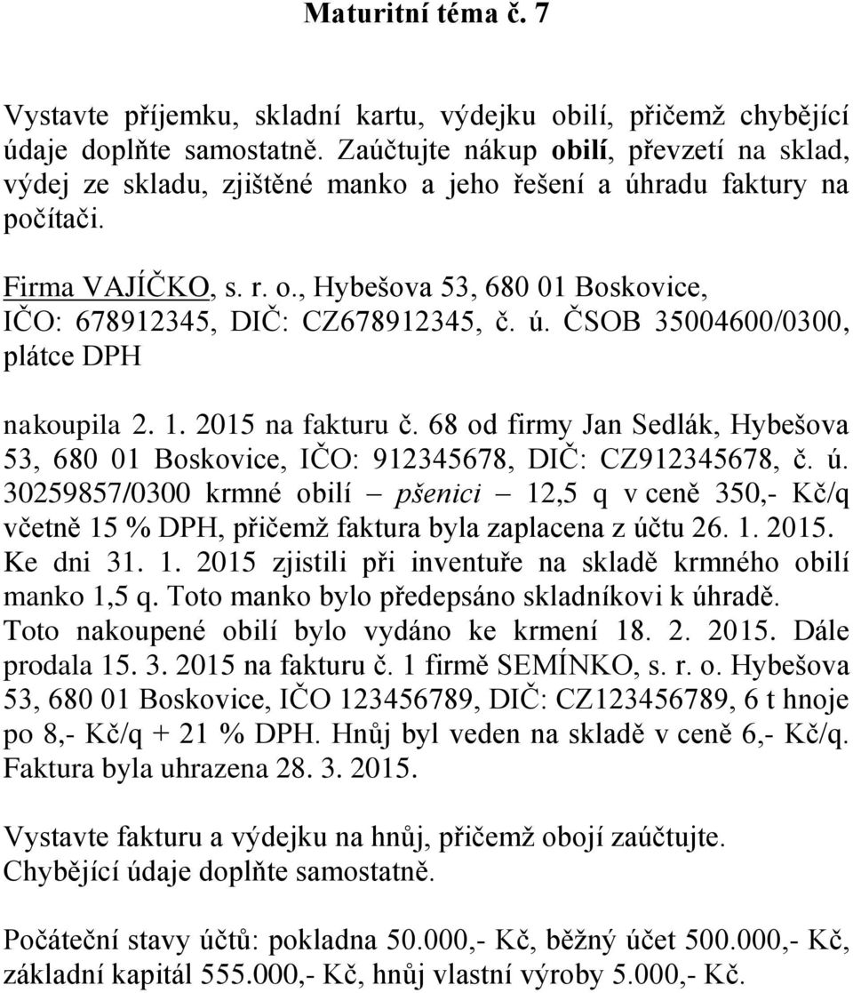 ú. ČSOB 35004600/0300, plátce DPH nakoupila 2. 1. 2015 na fakturu č. 68 od firmy Jan Sedlák, Hybešova 53, 680 01 Boskovice, IČO: 912345678, DIČ: CZ912345678, č. ú.