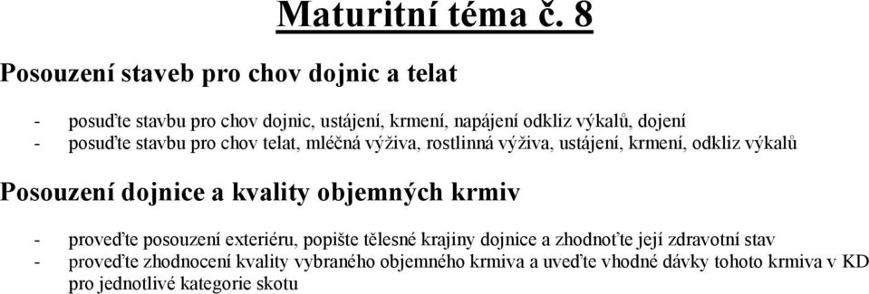 posuďte stavbu pro chov telat, mléčná výživa, rostlinná výživa, ustájení, krmení, odkliz výkalů Posouzení dojnice a kvality