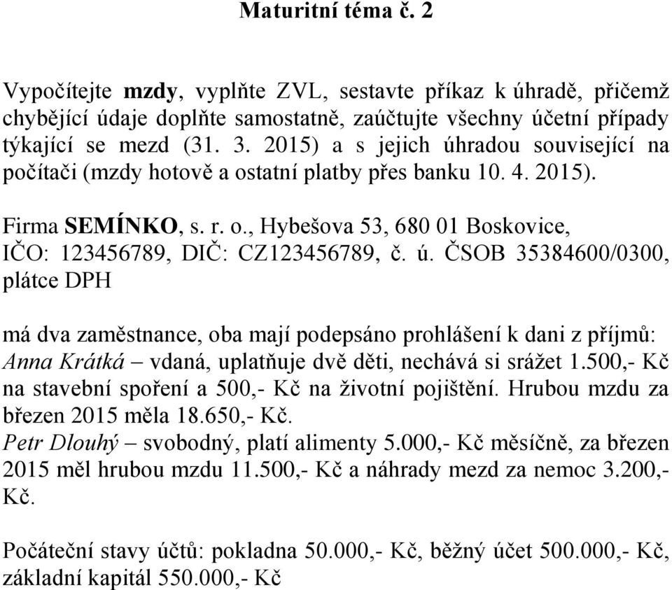 500,- Kč na stavební spoření a 500,- Kč na životní pojištění. Hrubou mzdu za březen 2015 měla 18.650,- Kč. Petr Dlouhý svobodný, platí alimenty 5.000,- Kč měsíčně, za březen 2015 měl hrubou mzdu 11.