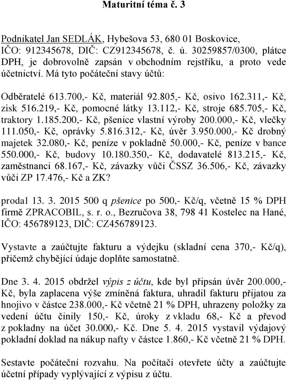 311,- Kč, zisk 516.219,- Kč, pomocné látky 13.112,- Kč, stroje 685.705,- Kč, traktory 1.185.200,- Kč, pšenice vlastní výroby 200.000,- Kč, vlečky 111.050,- Kč, oprávky 5.816.312,- Kč, úvěr 3.950.