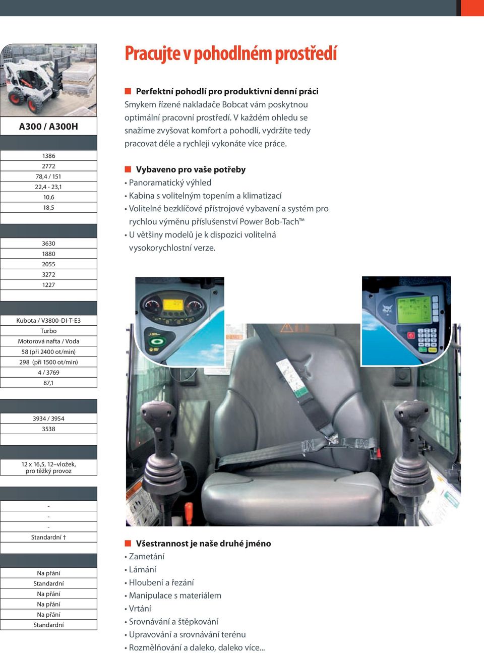 n Vybaveno pro vaše potřeby Panoramatický výhled Kabina s volitelným topením a klimatizací Volitelné bezklíčové přístrojové vybavení a systém pro rychlou výměnu příslušenství Power Bob-Tach U většiny