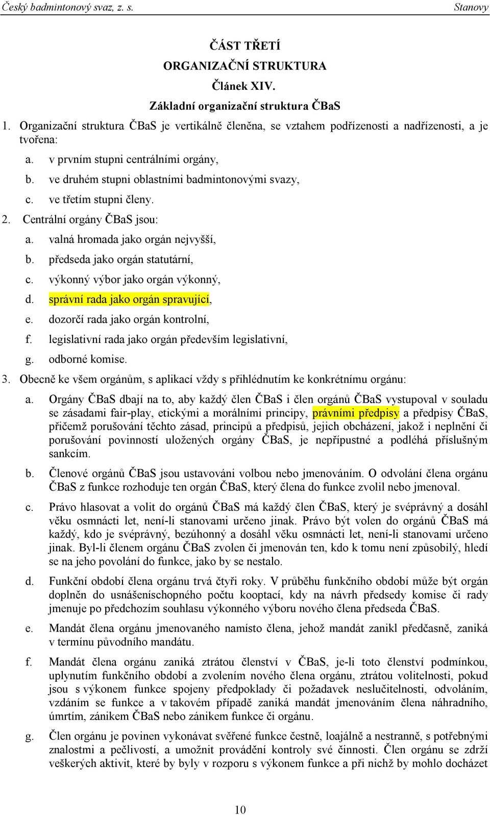předseda jako orgán statutární, c. výkonný výbor jako orgán výkonný, d. správní rada jako orgán spravující, e. dozorčí rada jako orgán kontrolní, f.