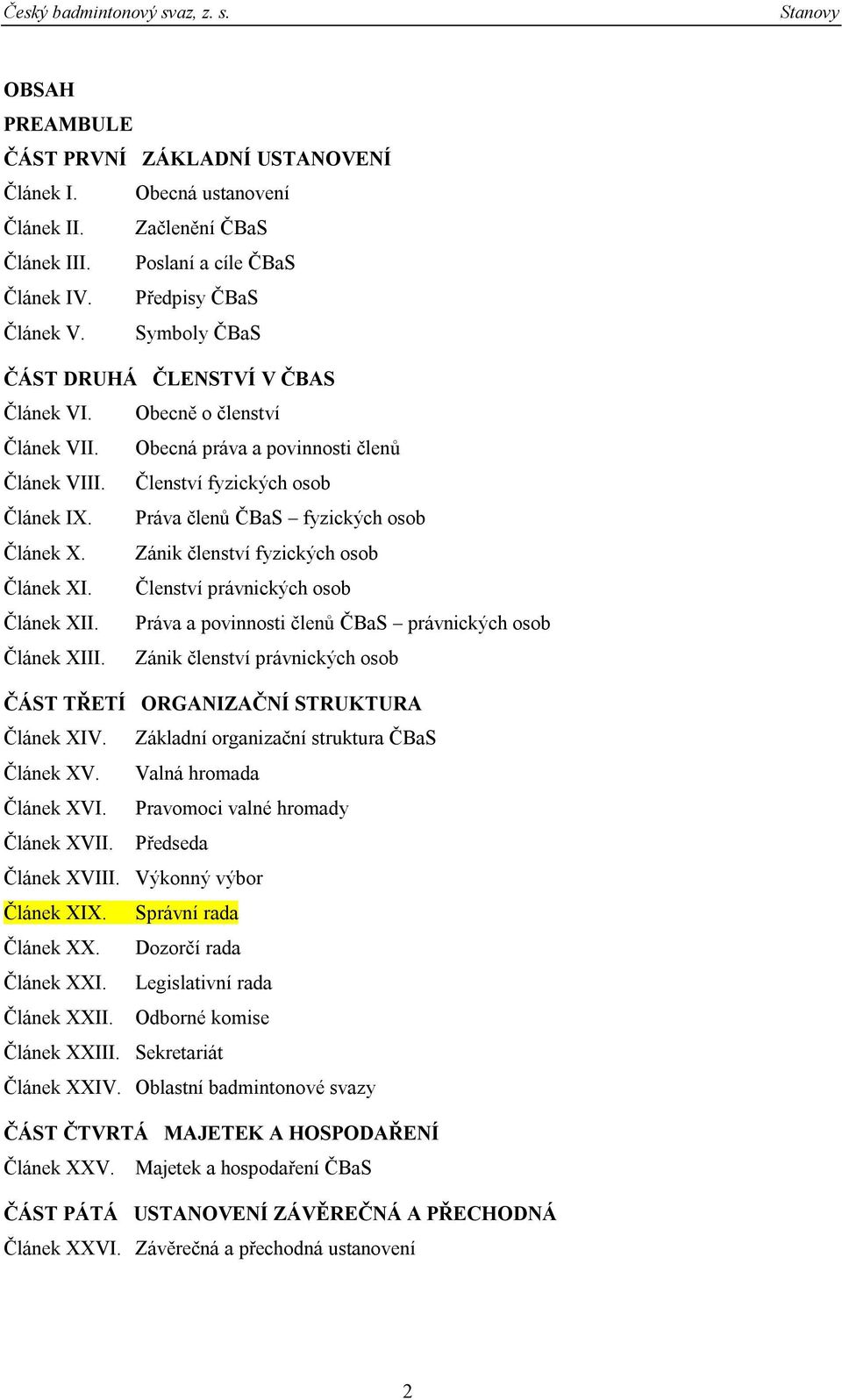 Práva členů ČBaS fyzických osob Článek X. Zánik členství fyzických osob Článek XI. Členství právnických osob Článek XII. Práva a povinnosti členů ČBaS právnických osob Článek XIII.
