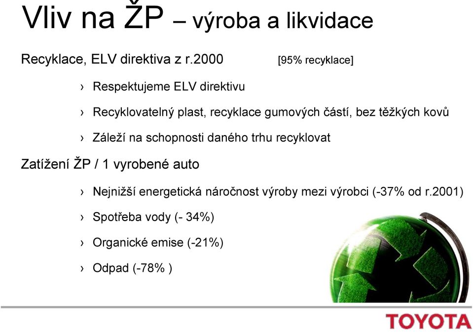 částí, bez těţkých kovů Záleţí na schopnosti daného trhu recyklovat Zatíţení ŢP / 1 vyrobené