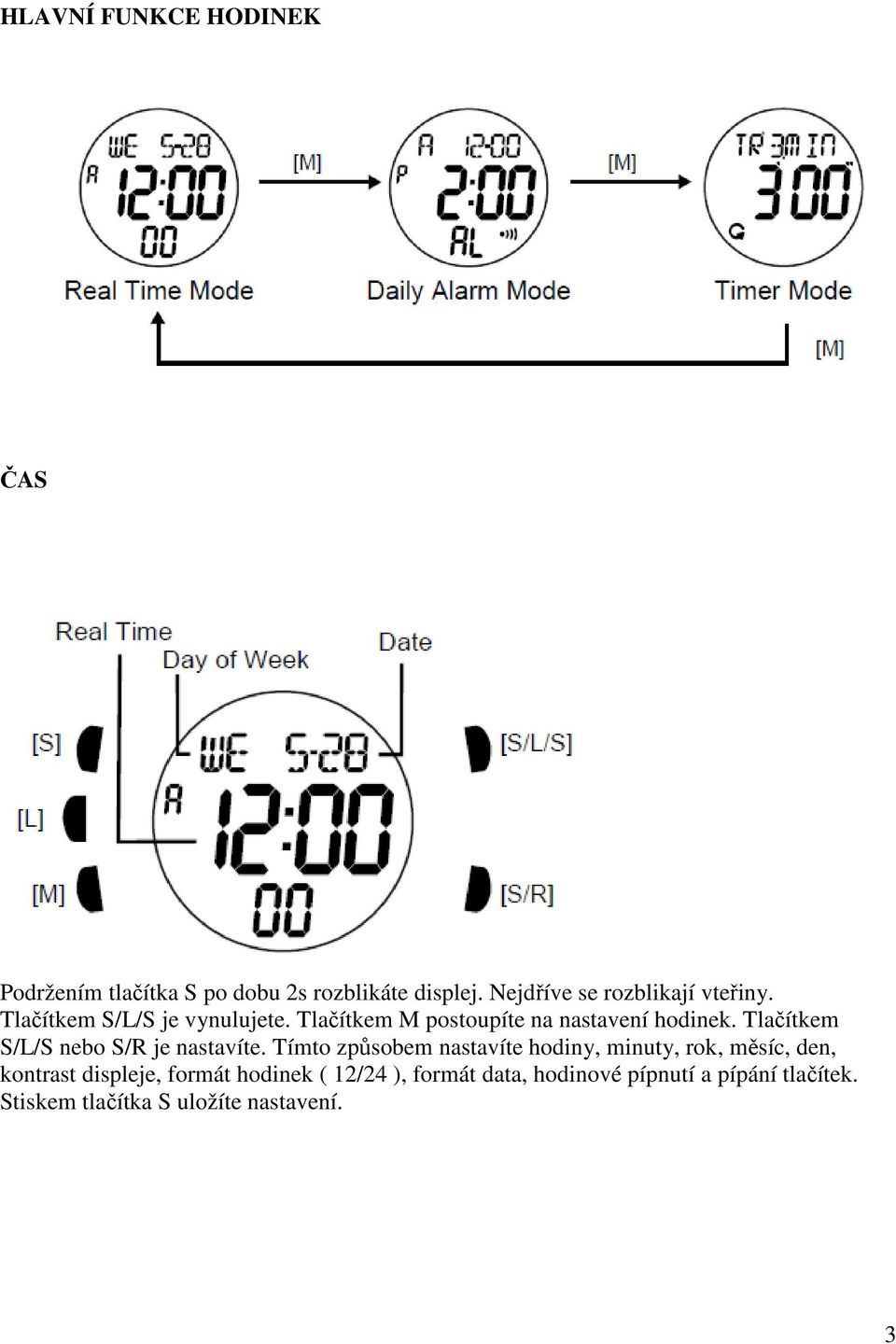 Tlačítkem M postoupíte na nastavení hodinek. Tlačítkem S/L/S nebo S/R je nastavíte.