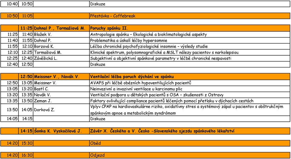 Léčba chronické psychofyziologické insomnie výsledy studie 12:10 12:25 Tormašiová M. Klinické spektrum, polysomnografické amslt nálezy pacientov snarkolepsiou 12:25 12:40 Závěšická L.