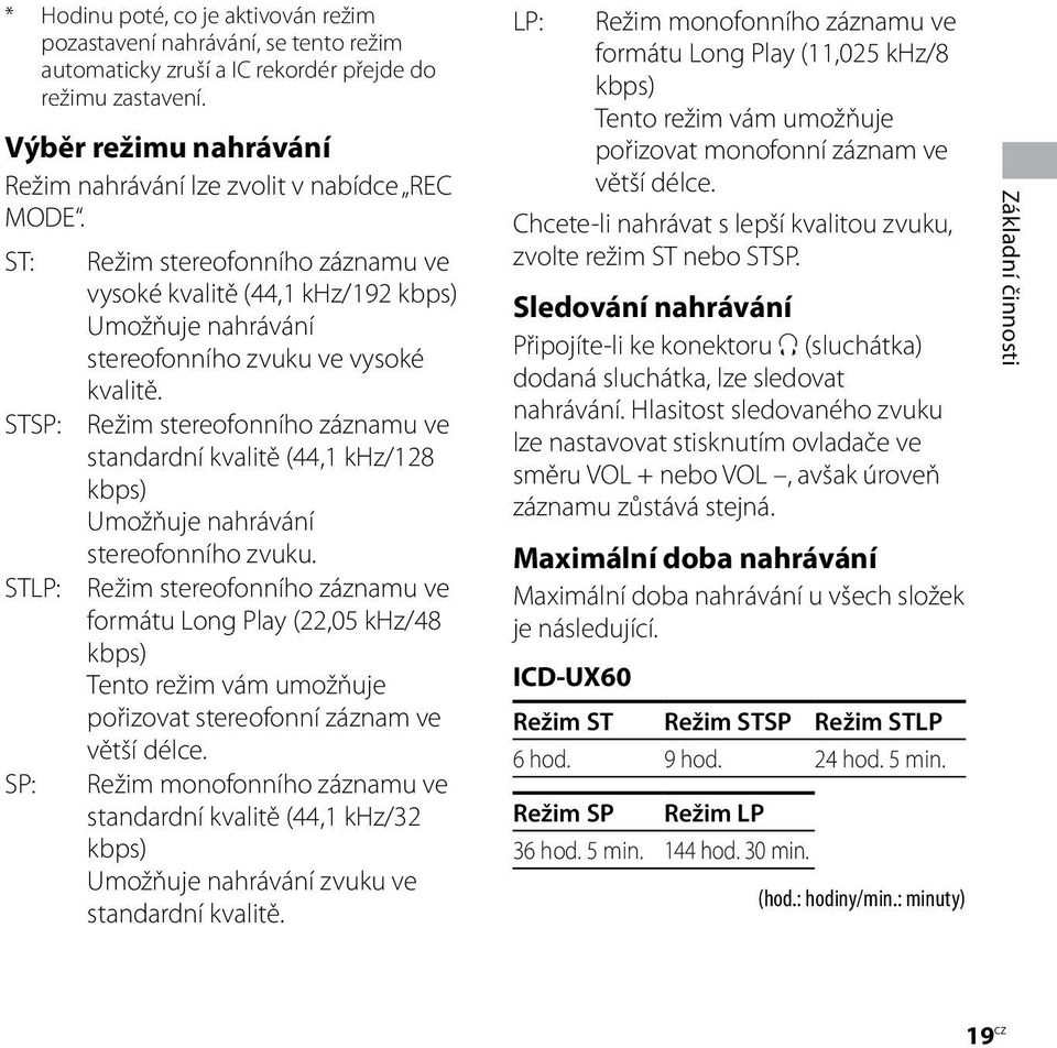 ST: STSP: STLP: SP: Režim stereofonního záznamu ve vysoké kvalitě (44,1 khz/192 kbps) Umožňuje nahrávání stereofonního zvuku ve vysoké kvalitě.