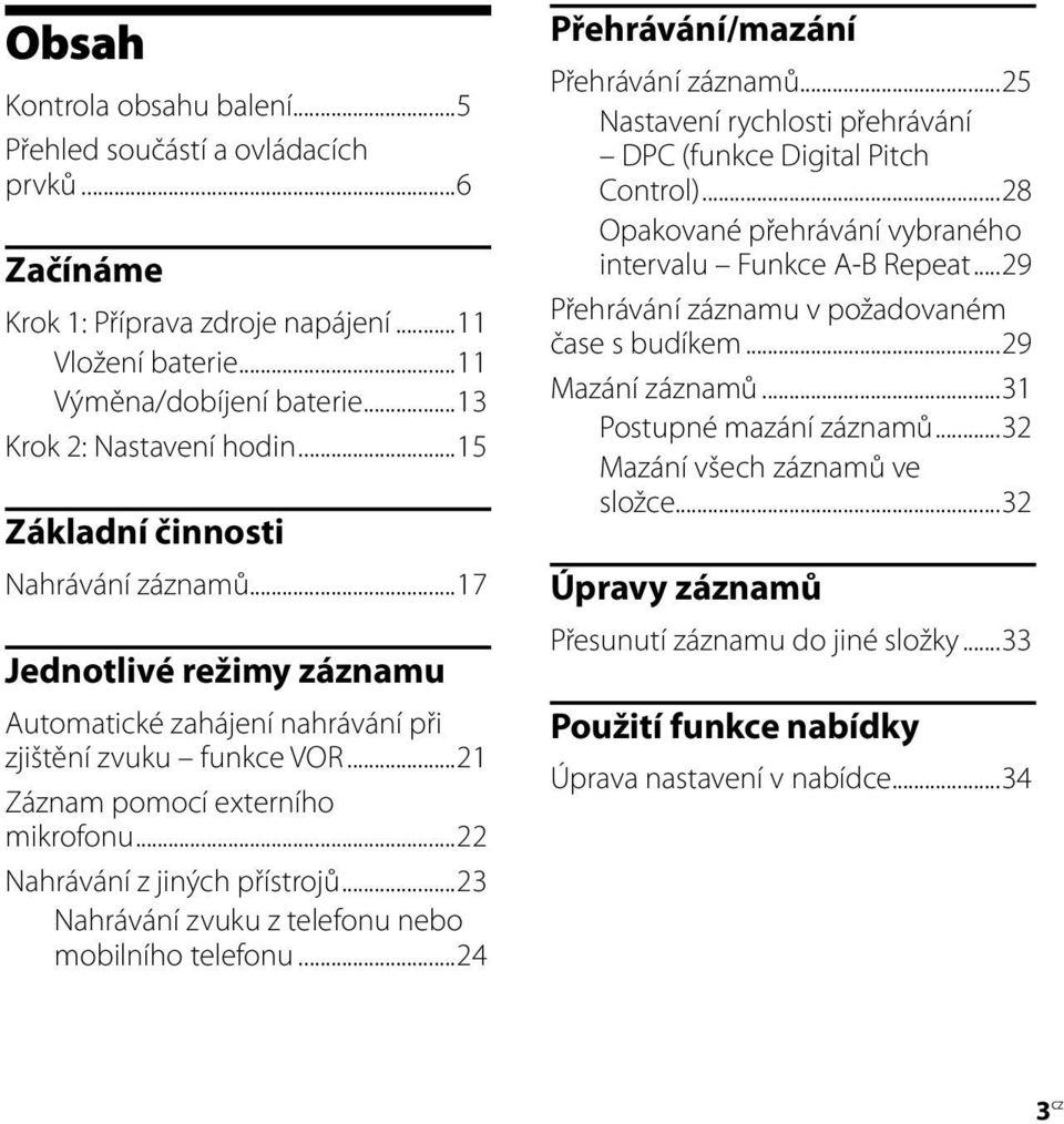..22 Nahrávání z jiných přístrojů...23 Nahrávání zvuku z telefonu nebo mobilního telefonu...24 Přehrávání/mazání Přehrávání záznamů.