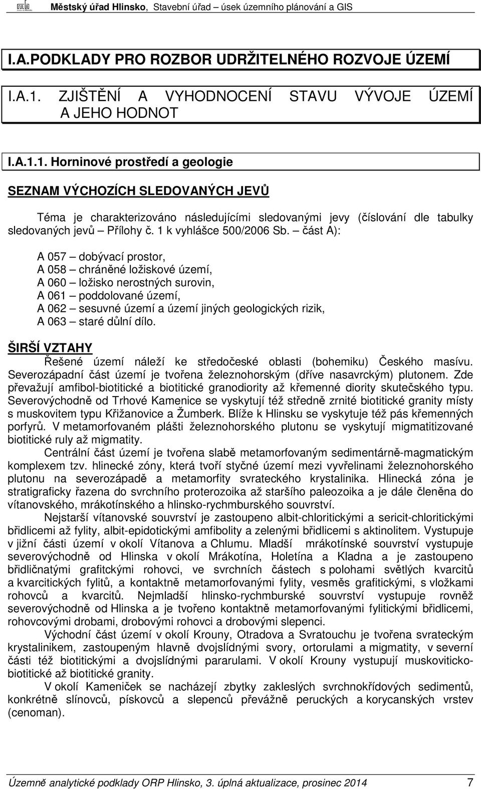 1. Horninové prostředí a geologie SEZNAM VÝCHOZÍCH SLEDOVANÝCH JEVŮ Téma je charakterizováno následujícími sledovanými jevy (číslování dle tabulky sledovaných jevů Přílohy č. 1 k vyhlášce 500/2006 Sb.