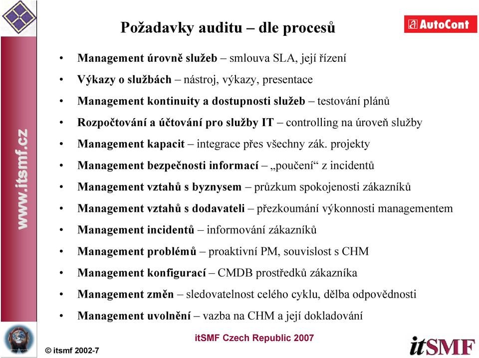 projekty Management bezpečnosti informací poučení z incidentů Management vztahů s byznysem průzkum spokojenosti zákazníků Management vztahů s dodavateli přezkoumání výkonnosti