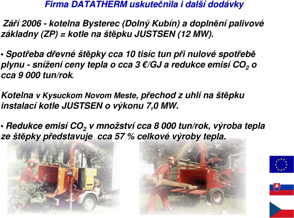 Spotřeba dřevné štěpky cca 10 tisíc tun při nulové spotřebě plynu - snížení ceny tepla o cca 3 /GJ a redukce emisí CO 2 o cca 9