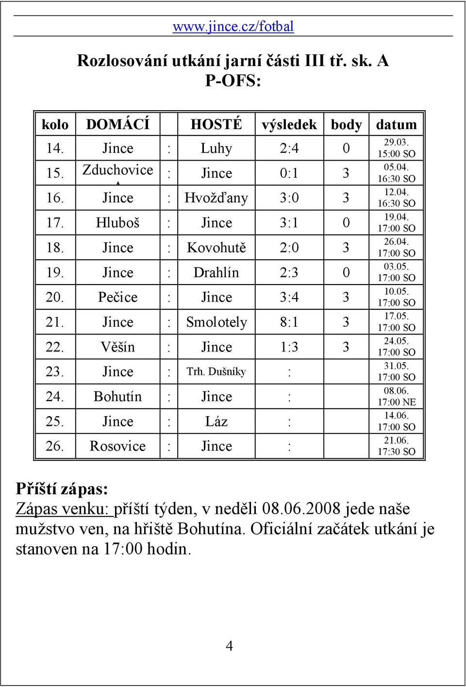 Bohutín : Jince : 25. Jince : Láz : 26. Rosovice : Jince : 29.03. 15:00 SO 05.04. 16:30 SO 12.04. 16:30 SO 19.04. 17:00 SO 26.04. 17:00 SO 03.05. 17:00 SO 10.05. 17:00 SO 17.05. 17:00 SO 24.05. 17:00 SO 31.