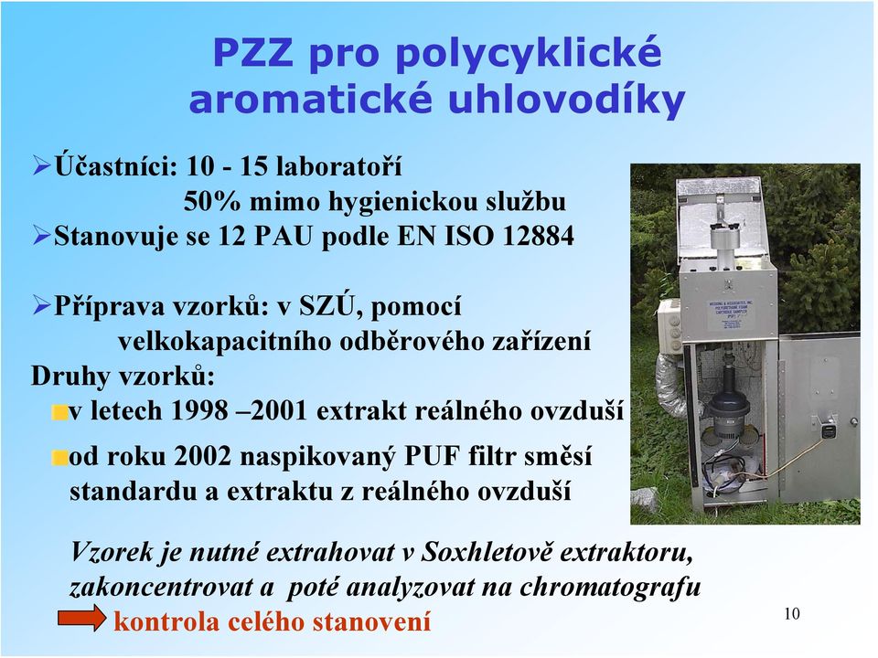 2001 extrakt reálného ovzduší od roku 2002 naspikovaný PUF filtr směsí standardu a extraktu z reálného ovzduší Vzorek