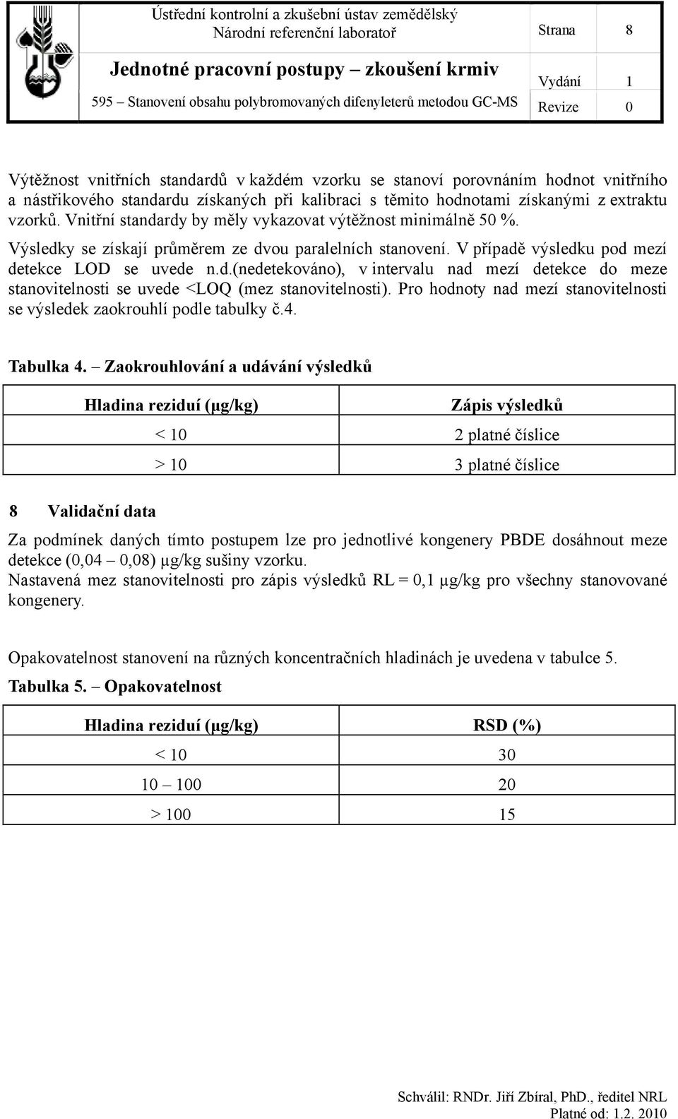 V případě výsledku pod mezí detekce LOD se uvede n.d.(nedetekováno), v intervalu nad mezí detekce do meze stanovitelnosti se uvede <LOQ (mez stanovitelnosti).