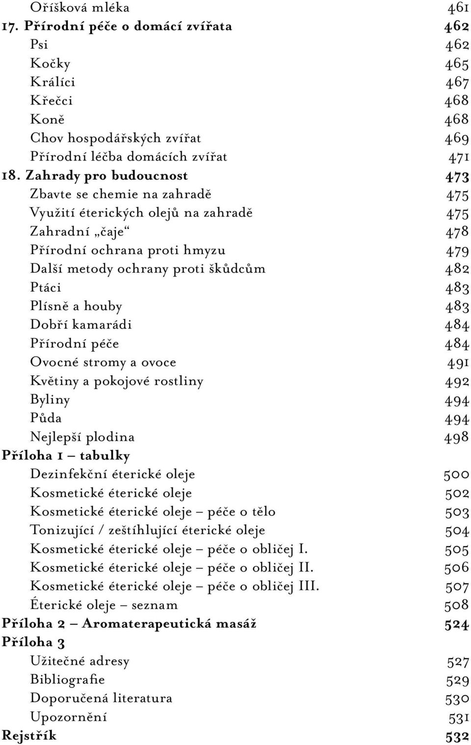 Plísně a houby 483 Dobří kamarádi 484 Přírodní péče 484 Ovocné stromy a ovoce 491 Květiny a pokojové rostliny 492 Byliny 494 Půda 494 Nejlepší plodina 498 Příloha 1 tabulky Dezinfekční éterické oleje