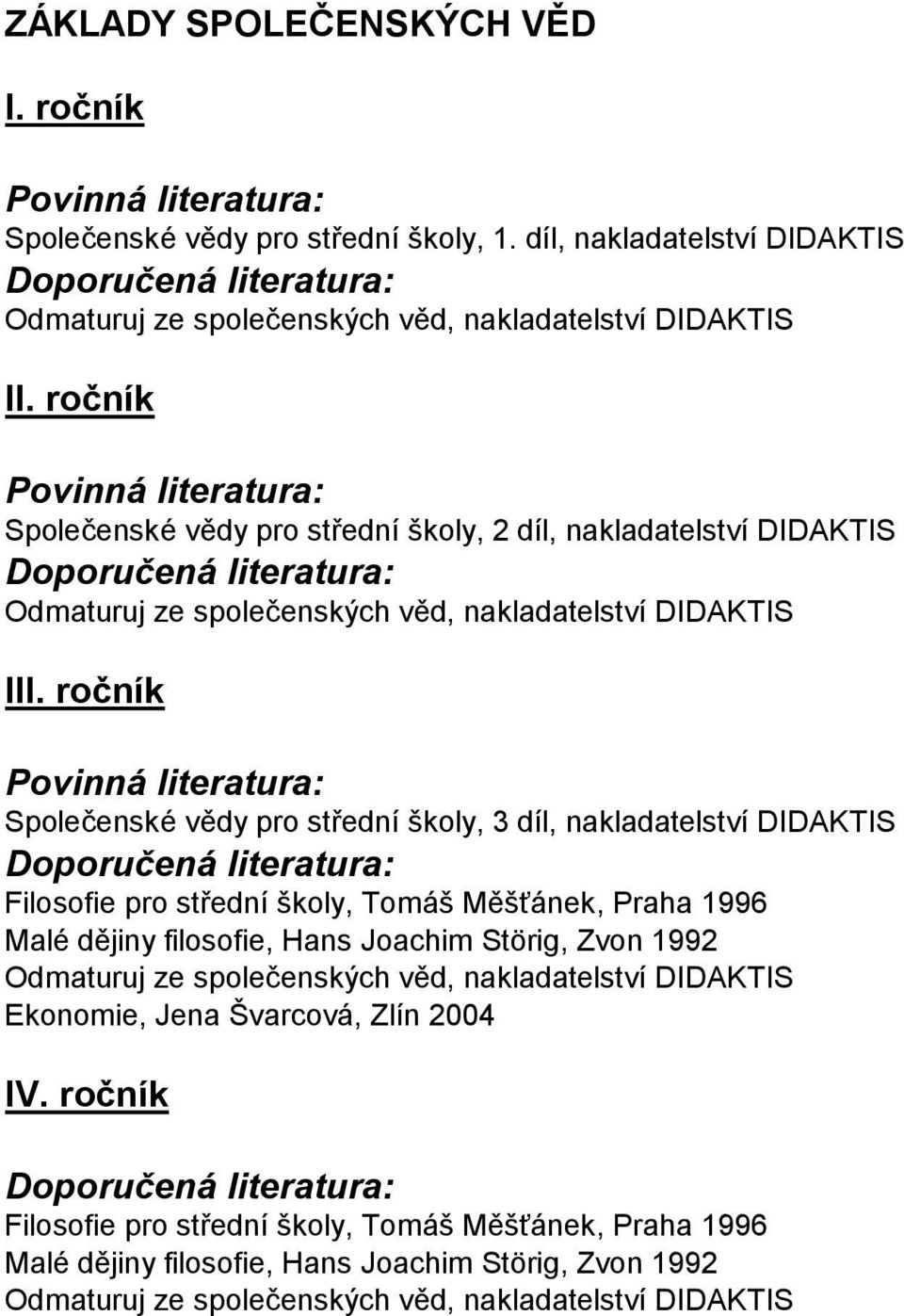 společenských věd, nakladatelství DIDAKTIS II Společenské vědy pro střední školy, 3 díl, nakladatelství DIDAKTIS Filosofie pro střední školy, Tomáš Měšťánek, Praha 1996 Malé