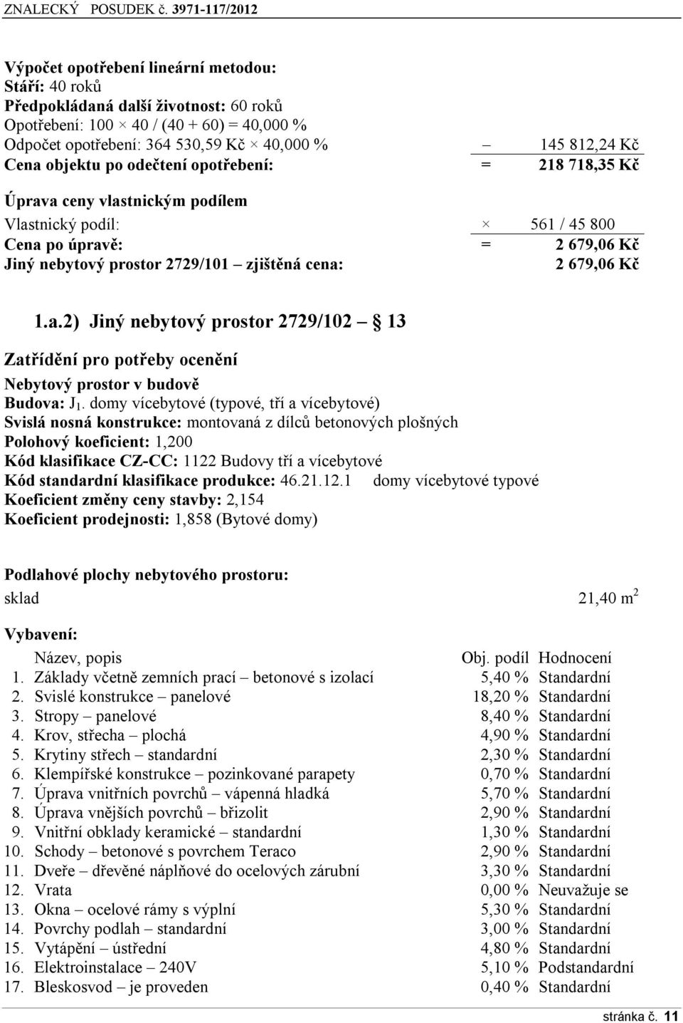 bjektu p dečtení ptřebení: = 218 718,35 Kč Úprava ceny vlastnickým pdílem Vlastnický pdíl: 561 / 45 800 Cena p úpravě: = 2 679,06 Kč Jiný nebytvý prstr 2729/101 zjištěná cena: 2 679,06 Kč 1.a.2) Jiný nebytvý prstr 2729/102 13 Zatřídění pr ptřeby cenění Nebytvý prstr v budvě Budva: J 1.