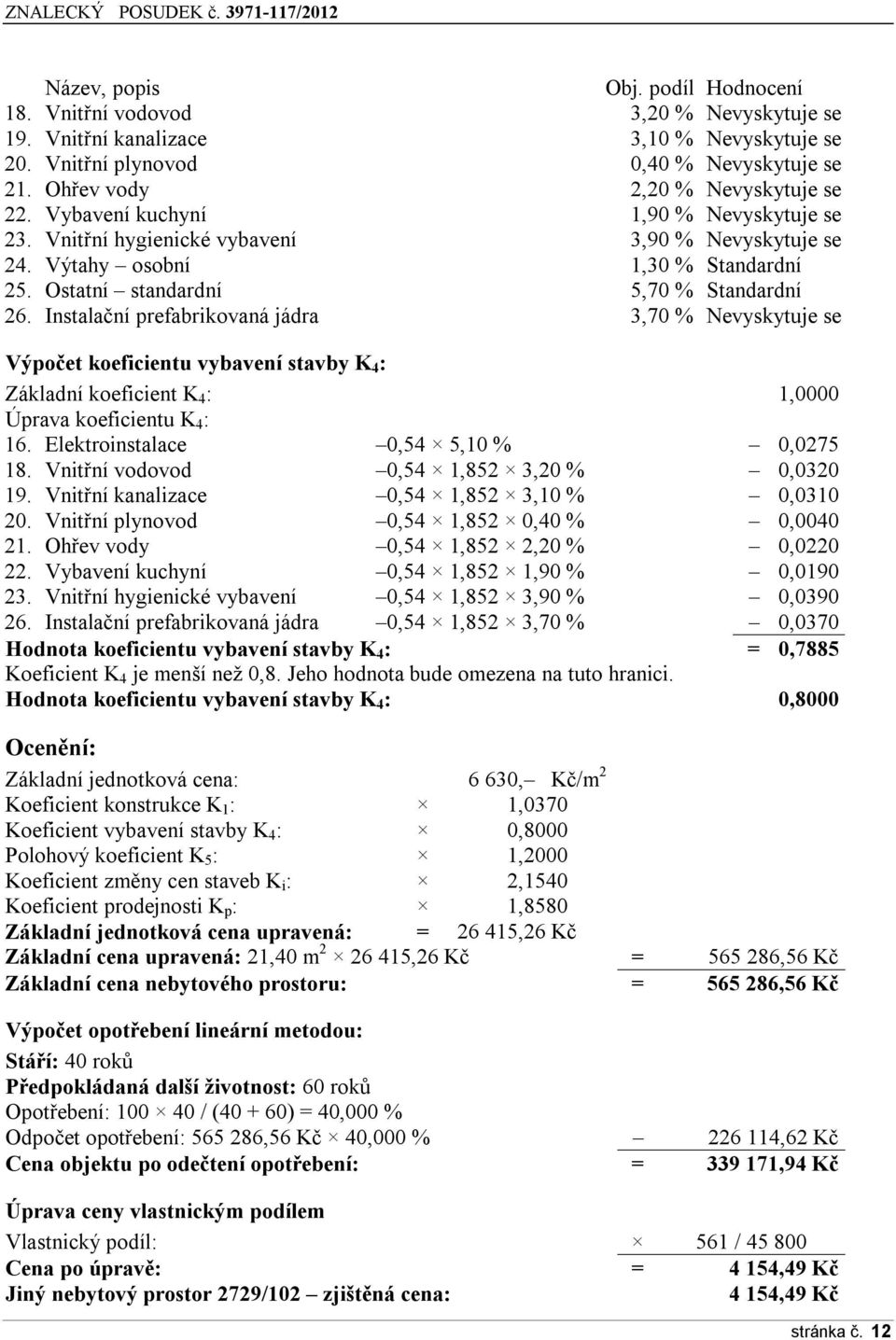 Ostatní standardní 5,70 % Standardní 26. Instalační prefabrikvaná jádra 3,70 % Nevyskytuje se Výpčet keficientu vybavení stavby K 4 : Základní keficient K 4 : 1,0000 Úprava keficientu K 4 : 16.