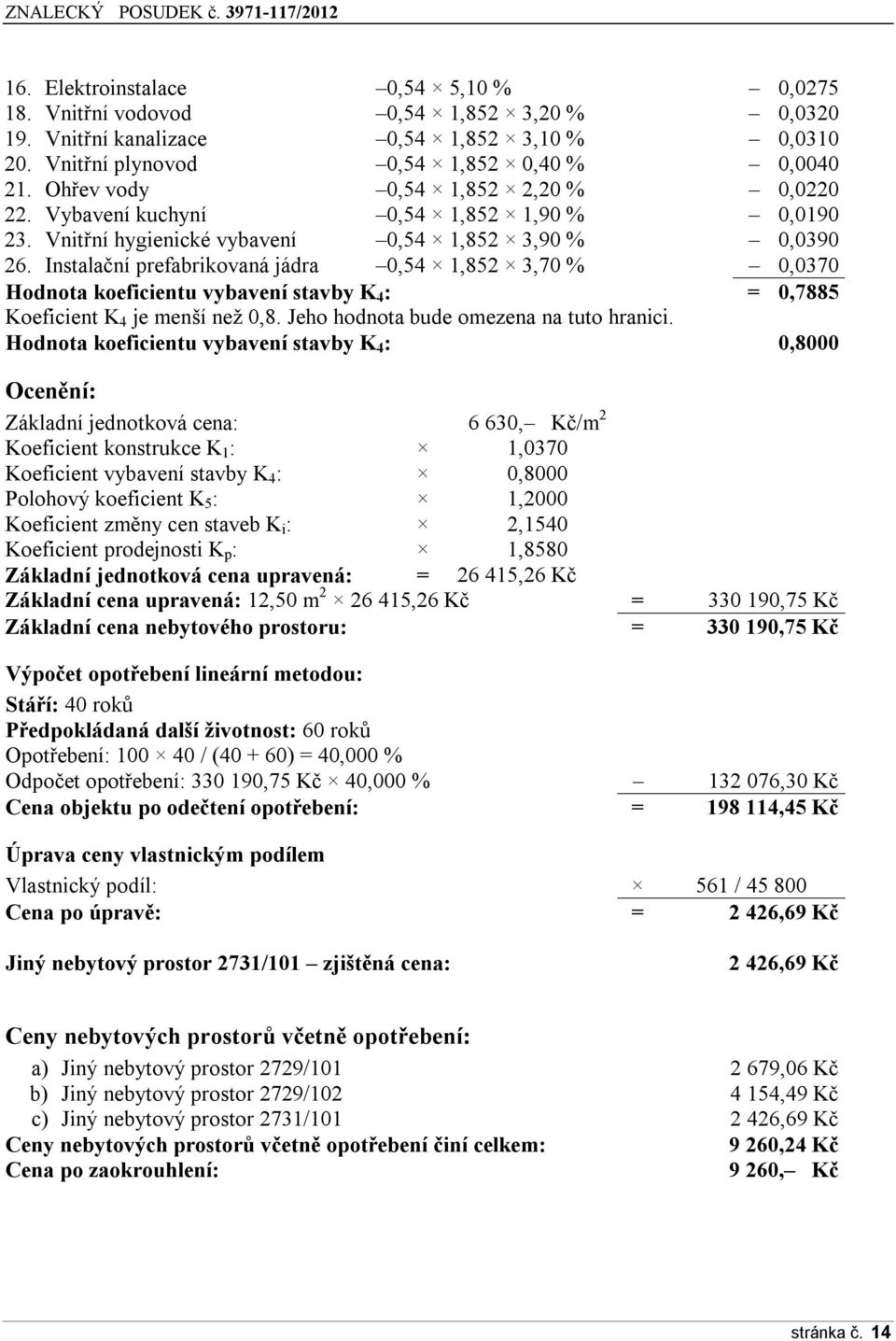 Instalační prefabrikvaná jádra 0,54 1,852 3,70 % 0,0370 Hdnta keficientu vybavení stavby K 4 : = 0,7885 Keficient K 4 je menší než 0,8. Jeh hdnta bude mezena na tut hranici.