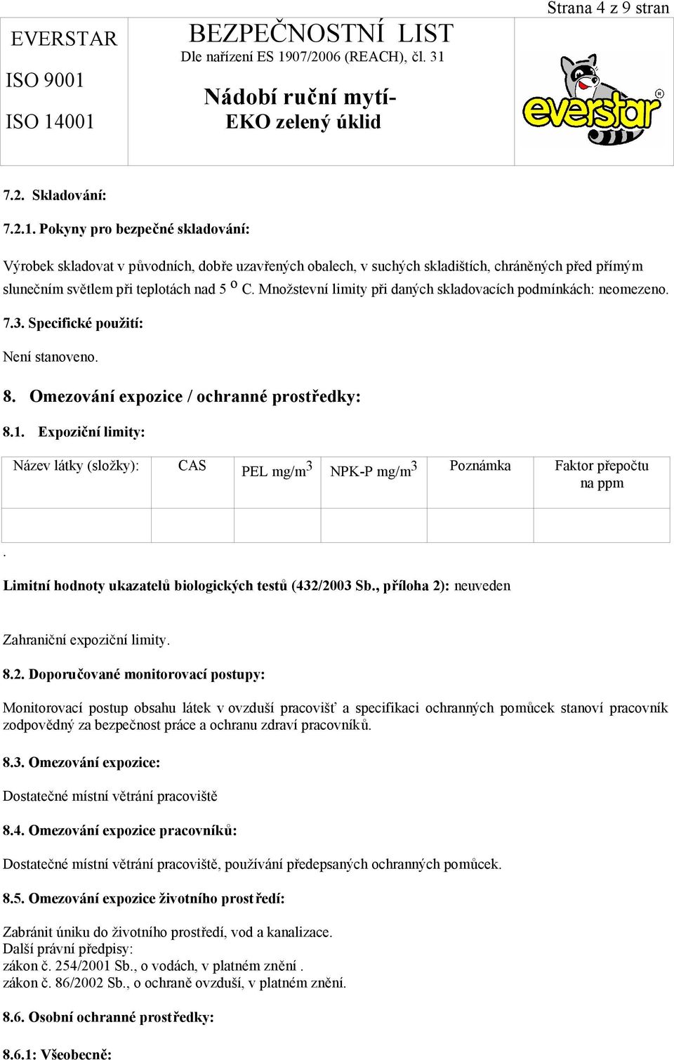 Množstevní limity při daných skladovacích podmínkách: neomezeno. 7.3. Specifické použití: Není stanoveno. 8. Omezování expozice / ochranné prostředky: 8.1.