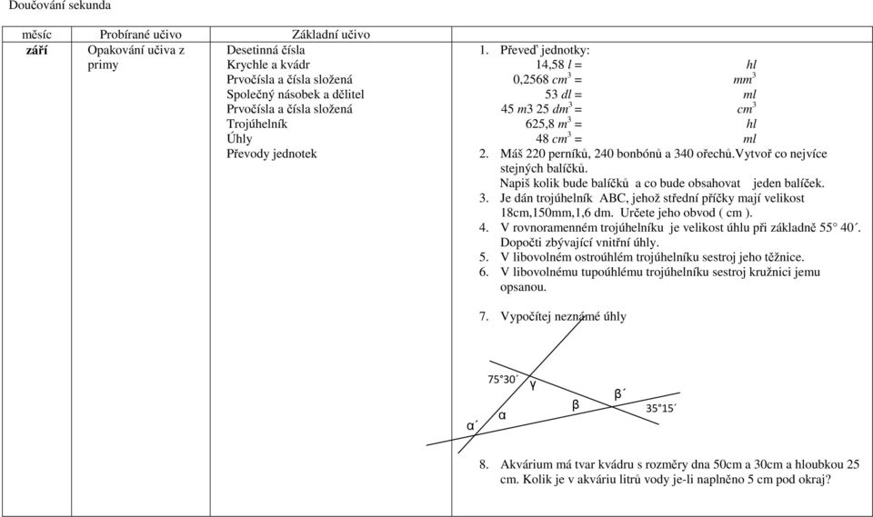 vytvoř co nejvíce stejných balíčků. Napiš kolik bude balíčků a co bude obsahovat jeden balíček. 3. Je dán trojúhelník ABC, jehož střední příčky mají velikost 18cm,150mm,1,6 dm.