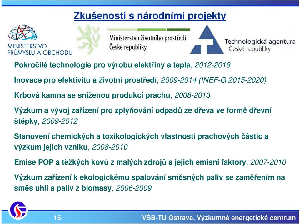 2009-2012 Stanovení chemických a toxikologických vlastnosti prachových částic a výzkum jejich vzniku, 2008-2010 Emise POP a těžkých kovů z malých