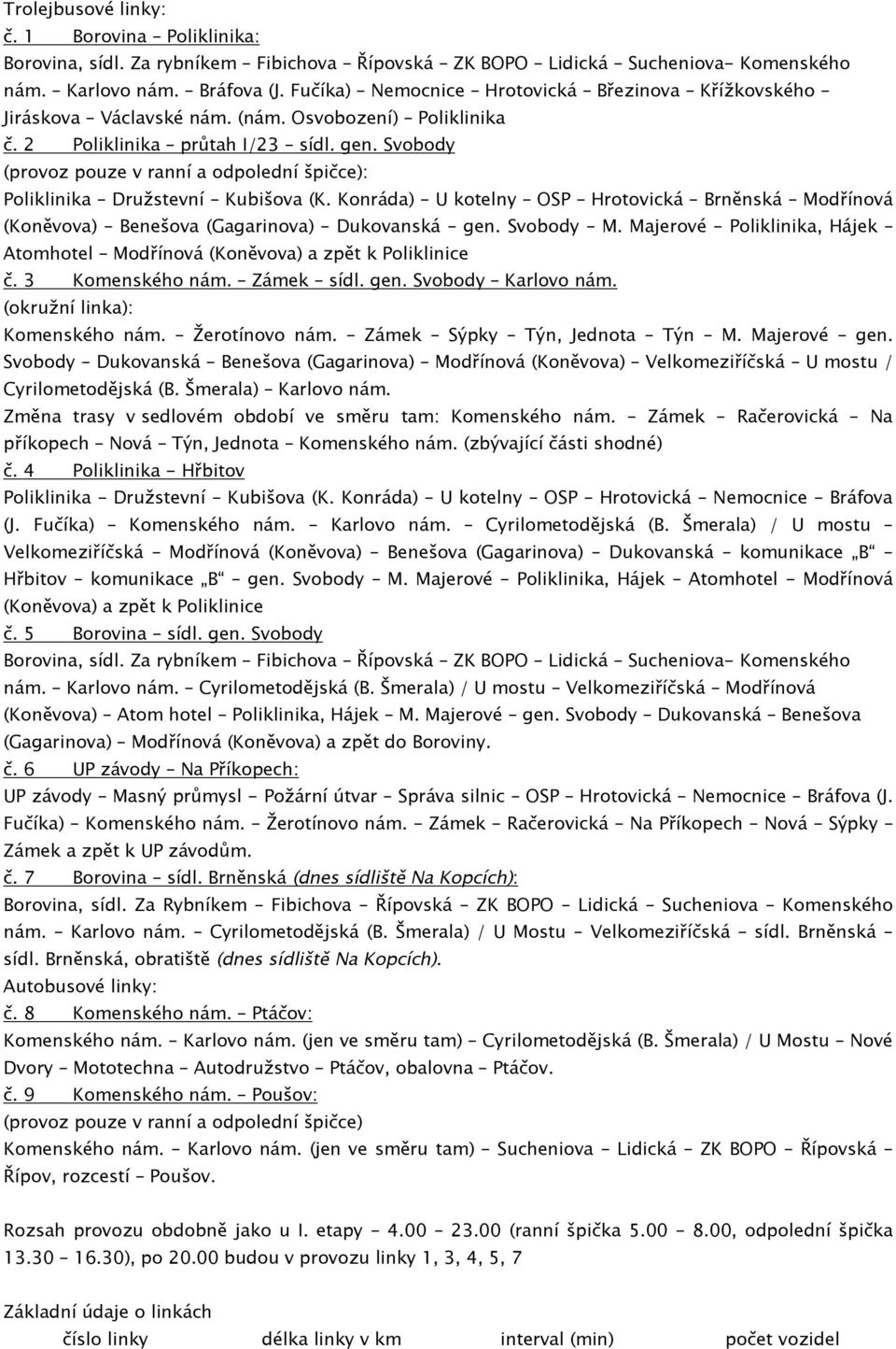 Svobody (provoz pouze v ranní a odpolední špičce): Poliklinika Družstevní Kubišova (K. Konráda) U kotelny OSP Hrotovická Brněnská Modřínová (Koněvova) Benešova (Gagarinova) Dukovanská gen. Svobody M.