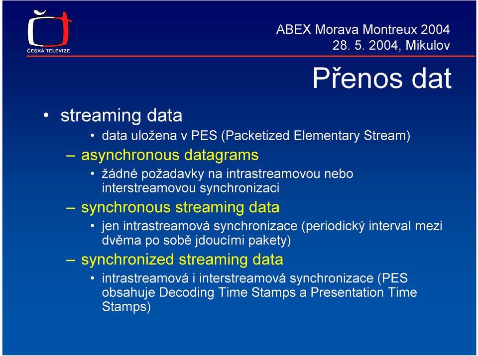 intrastreamová synchronizace (periodický interval mezi dvěma po sobě jdoucími pakety) synchronized