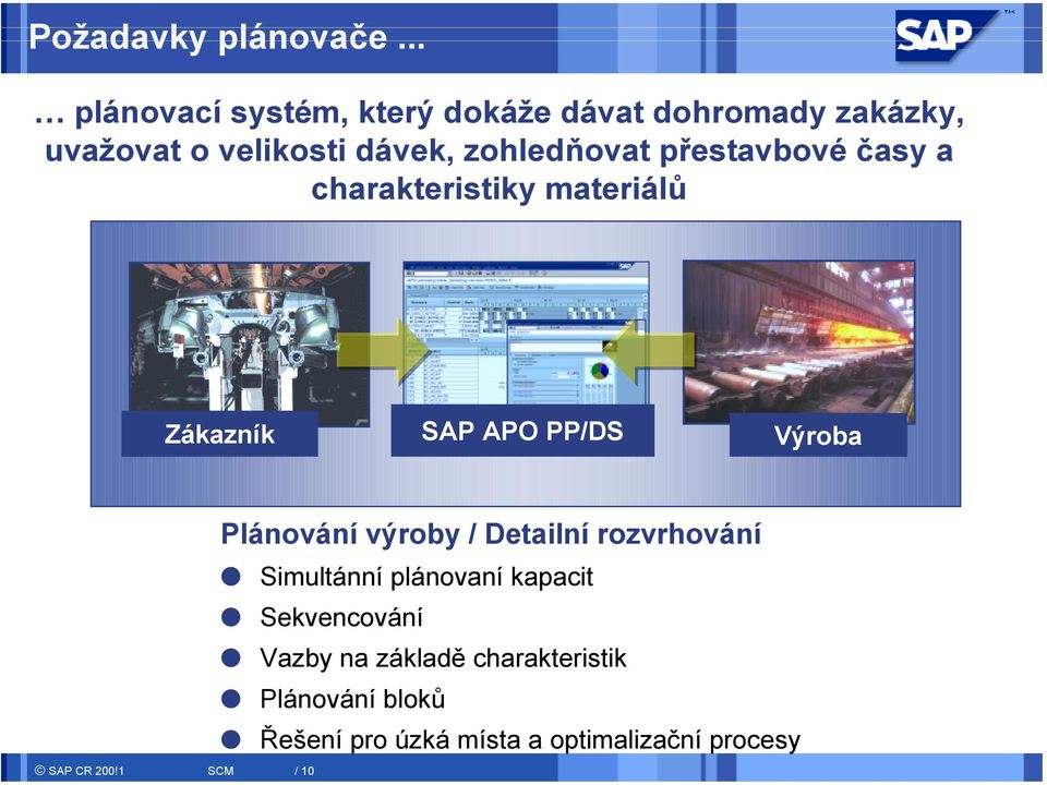 zohledňovat přestavbové časy a charakteristiky materiálů Zákazník SAP APO PP/DS Výroba SAP CR 200!