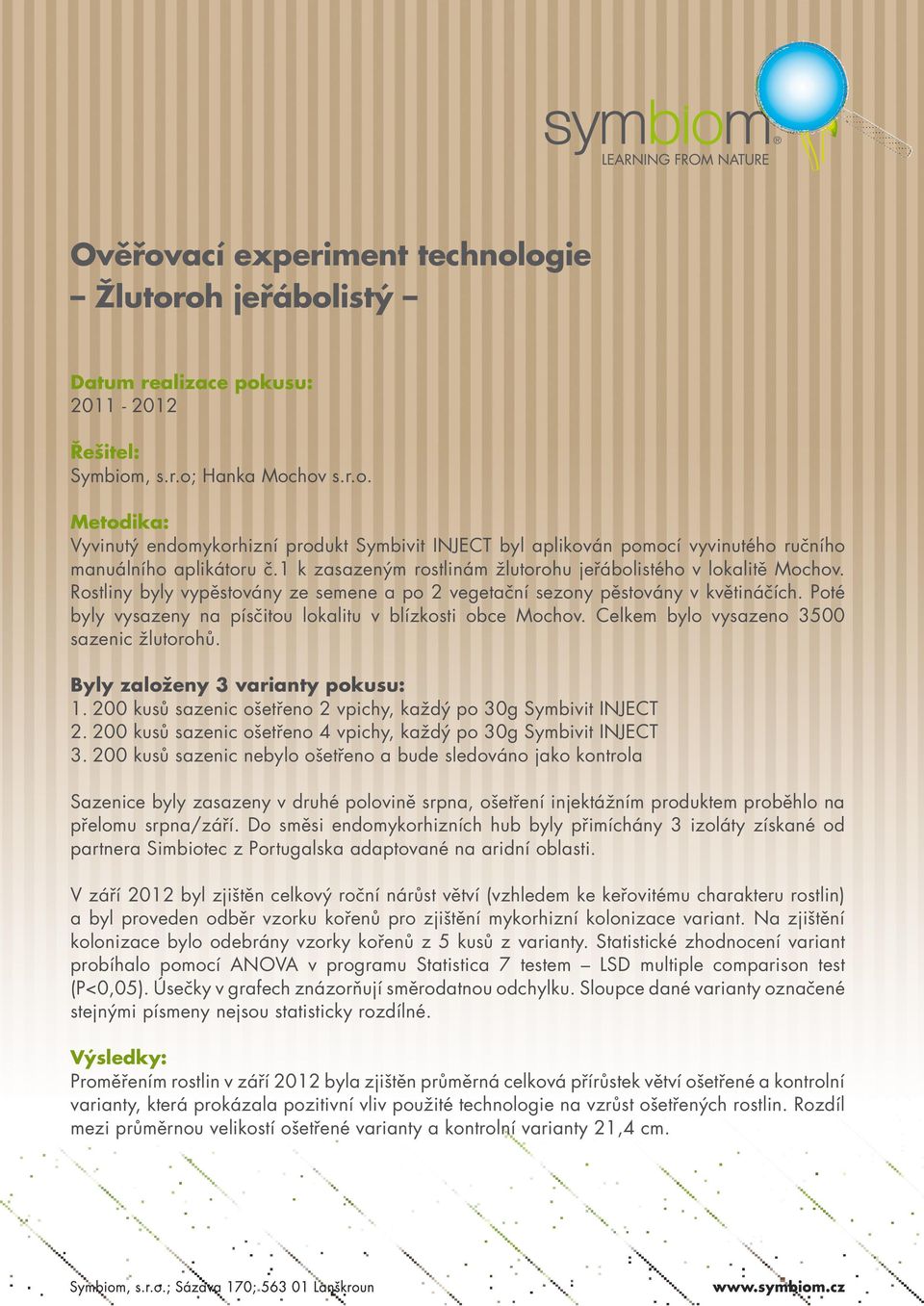Poté yly vyszeny n písčitou loklitu v lízkosti oce Mochov. Celkem ylo vyszeno 35 szenic žlutorohů. Byly zloženy 3 vrinty pokusu: 1. 2 kusů szenic ošetřeno 2 vpichy, kždý po 3g Symivit INJECT 2.