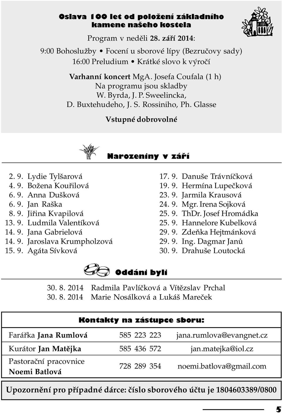 Buxtehudeho, J. S. Rossiniho, Ph. Glasse Vstupné dobrovolné Narozeniny v záøí 2. 9. Lydie Tylšarová 4. 9. Božena Kouøilová 6. 9. Anna Dušková 6. 9. Jan Raška 8. 9. Jiøina Kvapilová 13. 9. Ludmila Valentíková 14.
