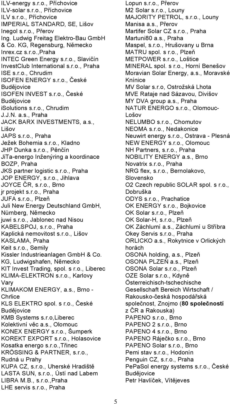 r.o., Chrudim J.J.N. a.s., Praha JACK BARX INVESTMENTS, a.s., Lišov JAPS s.r.o., Praha Ježek Bohemia s.r.o., Kladno JHP Dunka s.r.o., Pěnčín JiTa-energo Inženýring a koordinace BOZP, Praha JKS partner logistic s.
