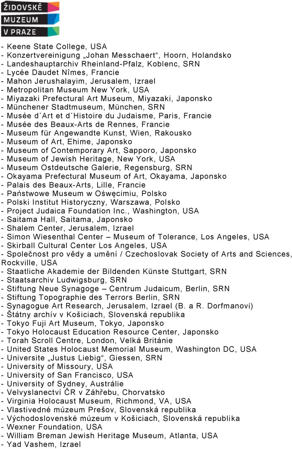 des Beaux-Arts de Rennes, Francie - Museum für Angewandte Kunst, Wien, Rakousko - Museum of Art, Ehime, Japonsko - Museum of Contemporary Art, Sapporo, Japonsko - Museum of Jewish Heritage, New York,