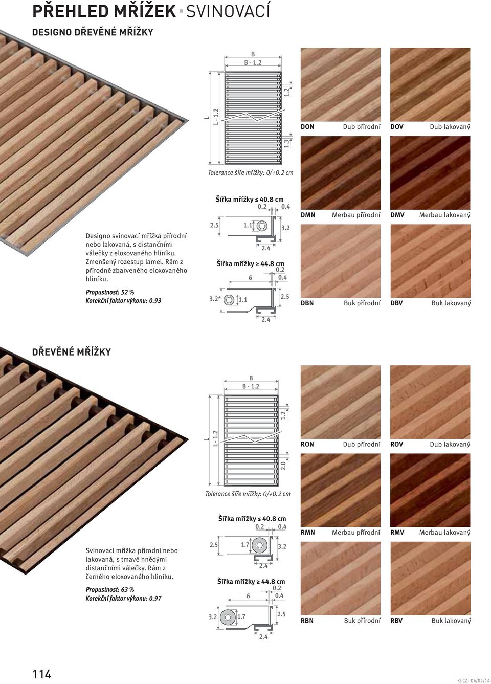 4 DMN Merbau přírodní DMV Merbau lakovaný Propustnost : 52 % Korekční faktor výkonu : 0.93 * 1.1 DN uk přírodní DV uk lakovaný DŘEVĚNÉ MŘÍŽKY - 1.2 2.0 1.2-1.