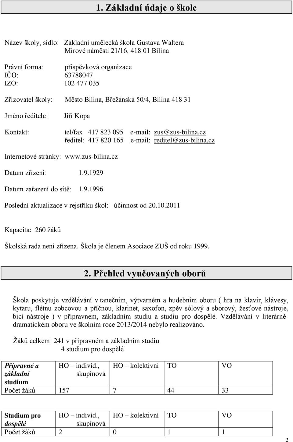 cz Internetové stránky: www.zus-bilina.cz Datum zřízení: 1.9.1929 Datum zařazení do sítě: 1.9.1996 Poslední aktualizace v rejstříku škol: účinnost od 20.10.