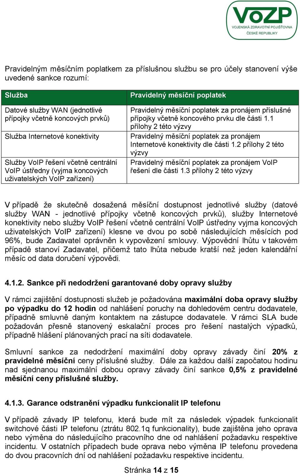 včetně koncového prvku dle části 1.1 přílohy 2 této výzvy Pravidelný měsíční poplatek za pronájem Internetové konektivity dle části 1.