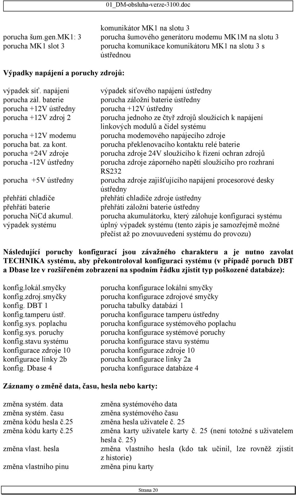 napájení porucha zál. baterie porucha +12V ústředny porucha +12V zdroj 2 porucha +12V modemu porucha bat. za kont.
