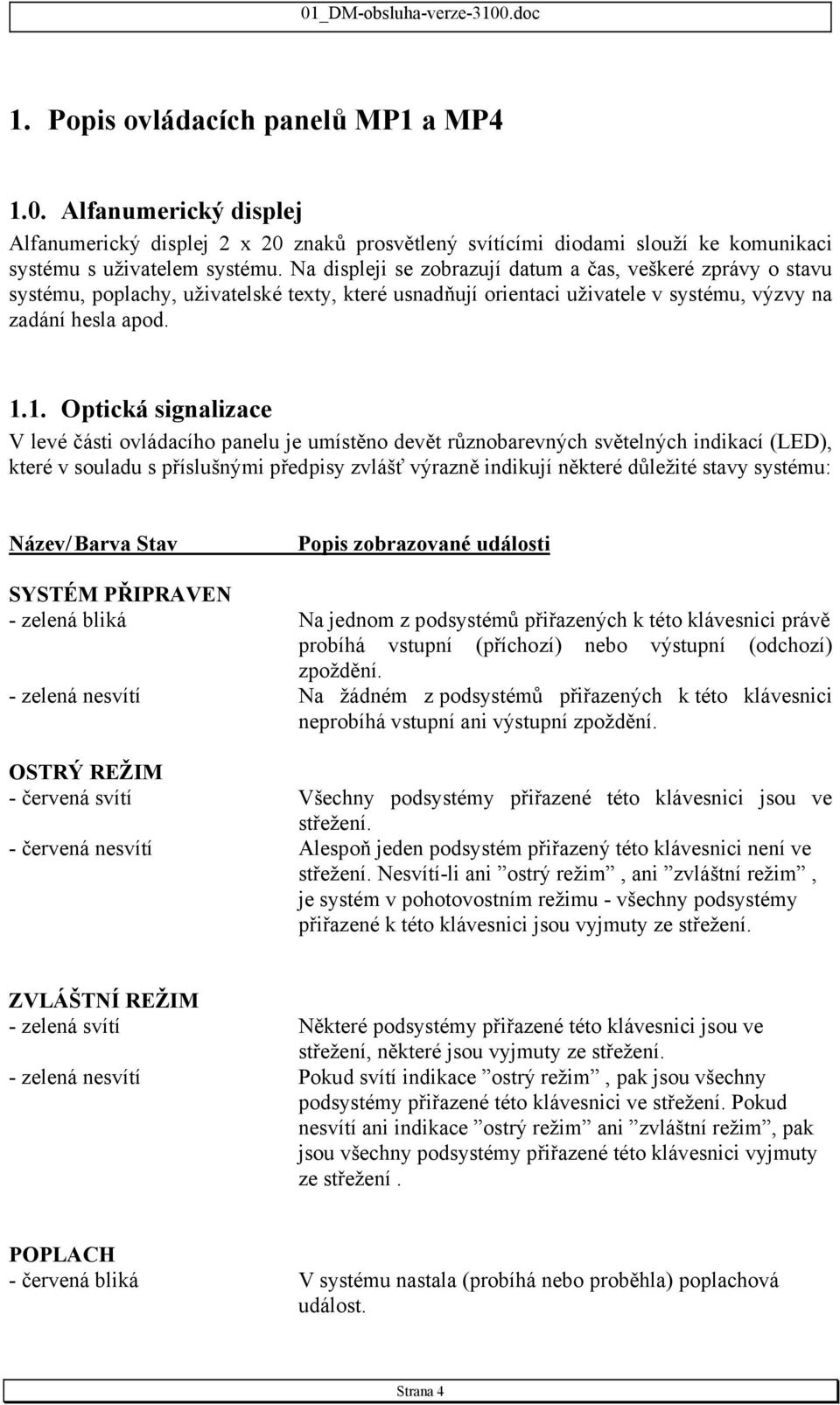 1. Optická signalizace V levé části ovládacího panelu je umístěno devět různobarevných světelných indikací (LED), které v souladu s příslušnými předpisy zvlášť výrazně indikují některé důležité stavy
