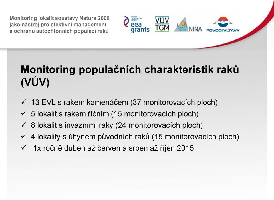 lokalit s invazními raky (24 monitorovacích ploch) 4 lokality s úhynem