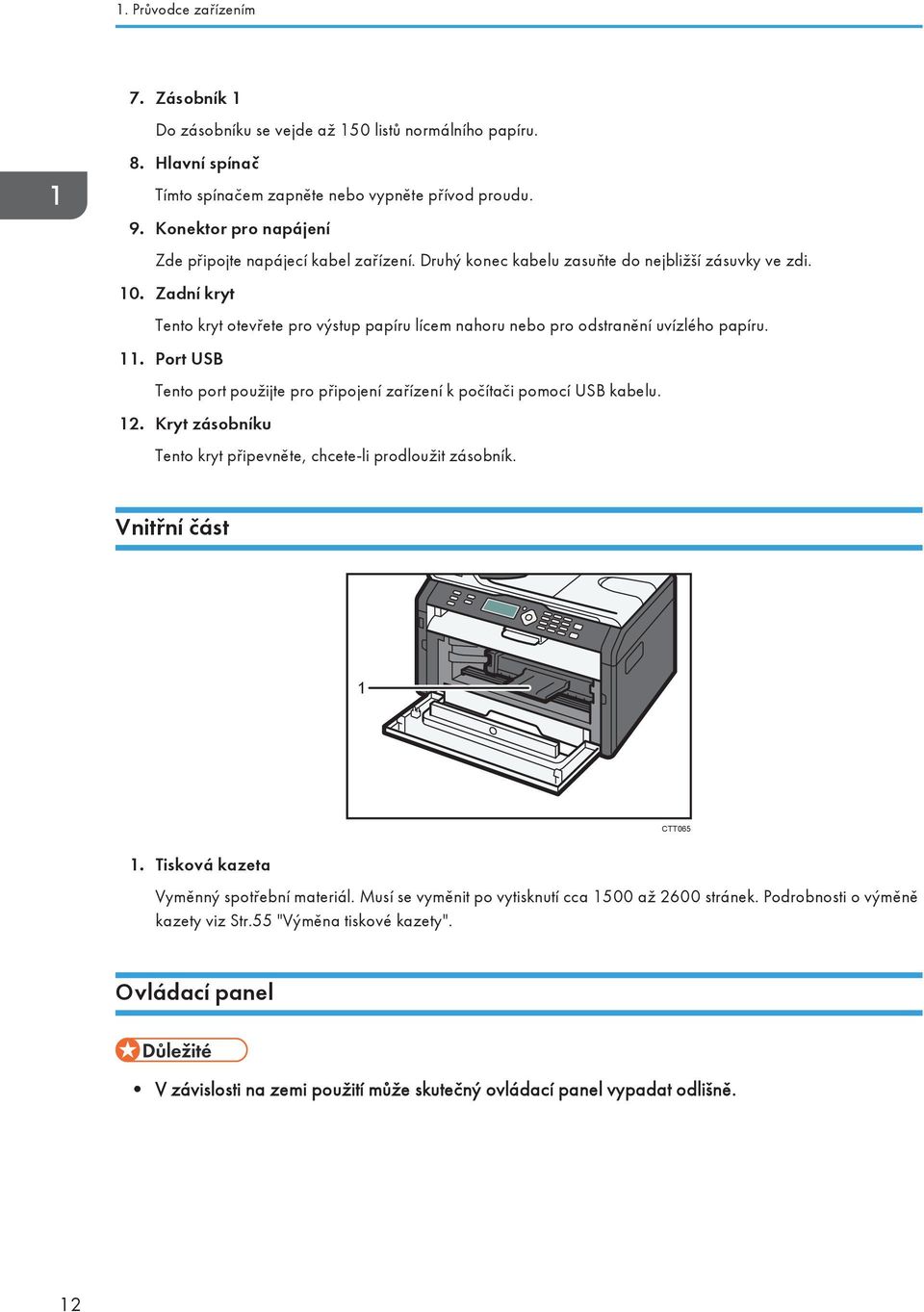 Zadní kryt Tento kryt otevřete pro výstup papíru lícem nahoru nebo pro odstranění uvízlého papíru. 11. Port USB Tento port použijte pro připojení zařízení k počítači pomocí USB kabelu. 12.