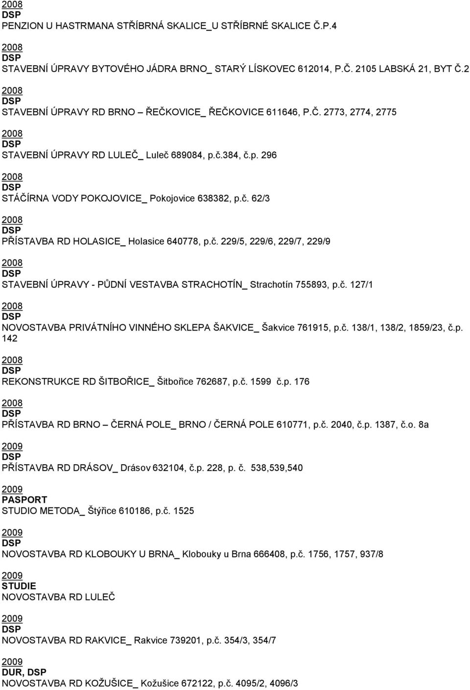 č. 229/5, 229/6, 229/7, 229/9 STAVEBNÍ ÚPRAVY - PŮDNÍ VESTAVBA STRACHOTÍN_ Strachotín 755893, p.č. 127/1 NOVOSTAVBA PRIVÁTNÍHO VINNÉHO SKLEPA ŠAKVICE_ Šakvice 761915, p.č. 138/1, 138/2, 1859/23, č.p. 142 REKONSTRUKCE RD ŠITBOŘICE_ Šitbořice 762687, p.