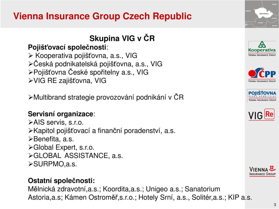 s. Benefita, a.s. Global Expert, s.r.o. GLOBAL ASSISTANCE, a.s. SURPMO,a.s. Ostatní společnosti: Mělnická zdravotní,a.s.; Koordita,a.s.; Unigeo a.