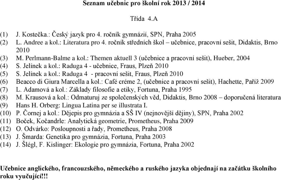 : Café créme 2, (učebnice a pracovní sešit), Hachette, Paříž 2009 (7) L. Adamová a kol.: Základy filosofie a etiky, Fortuna, Praha 1995 (8) M. Krausová a kol.