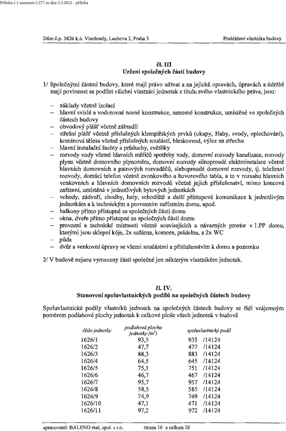 vlastnického práva, jsou: základy včetně izolaci - hlavní svislé a vodorovné nosné konstrukce, nenosné konstrukce, umístěné ve společných částech budovy obvodový plášť včetně zábradlí střešní plášť