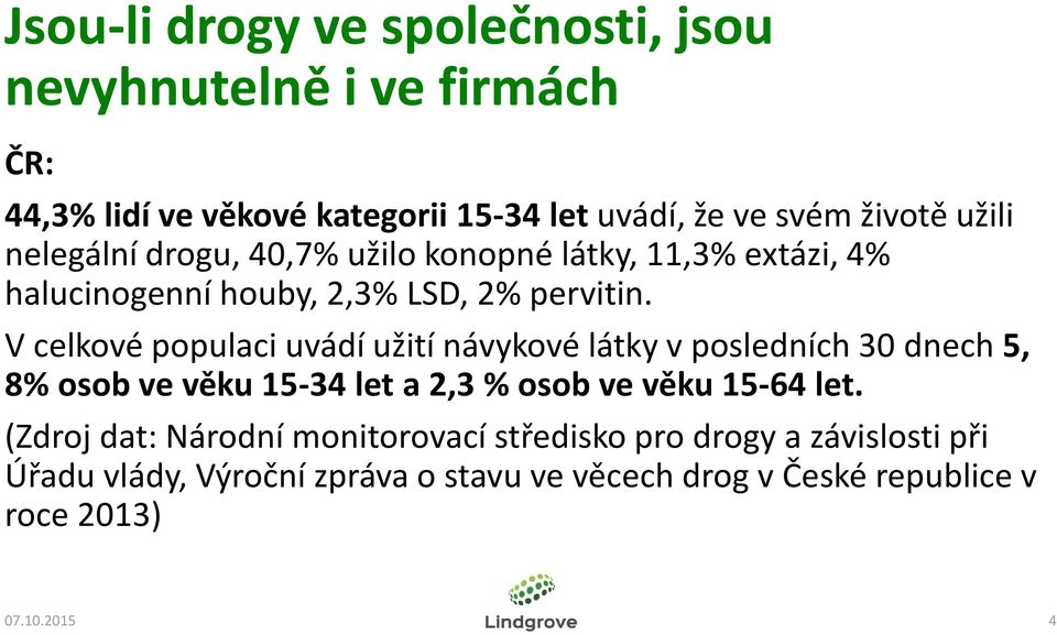 Vcelkové populaci uvádí užití návykové látky vposledních 30 dnech5, 8% osob ve věku 15-34 let a 2,3 % osob ve věku 15-64 let.